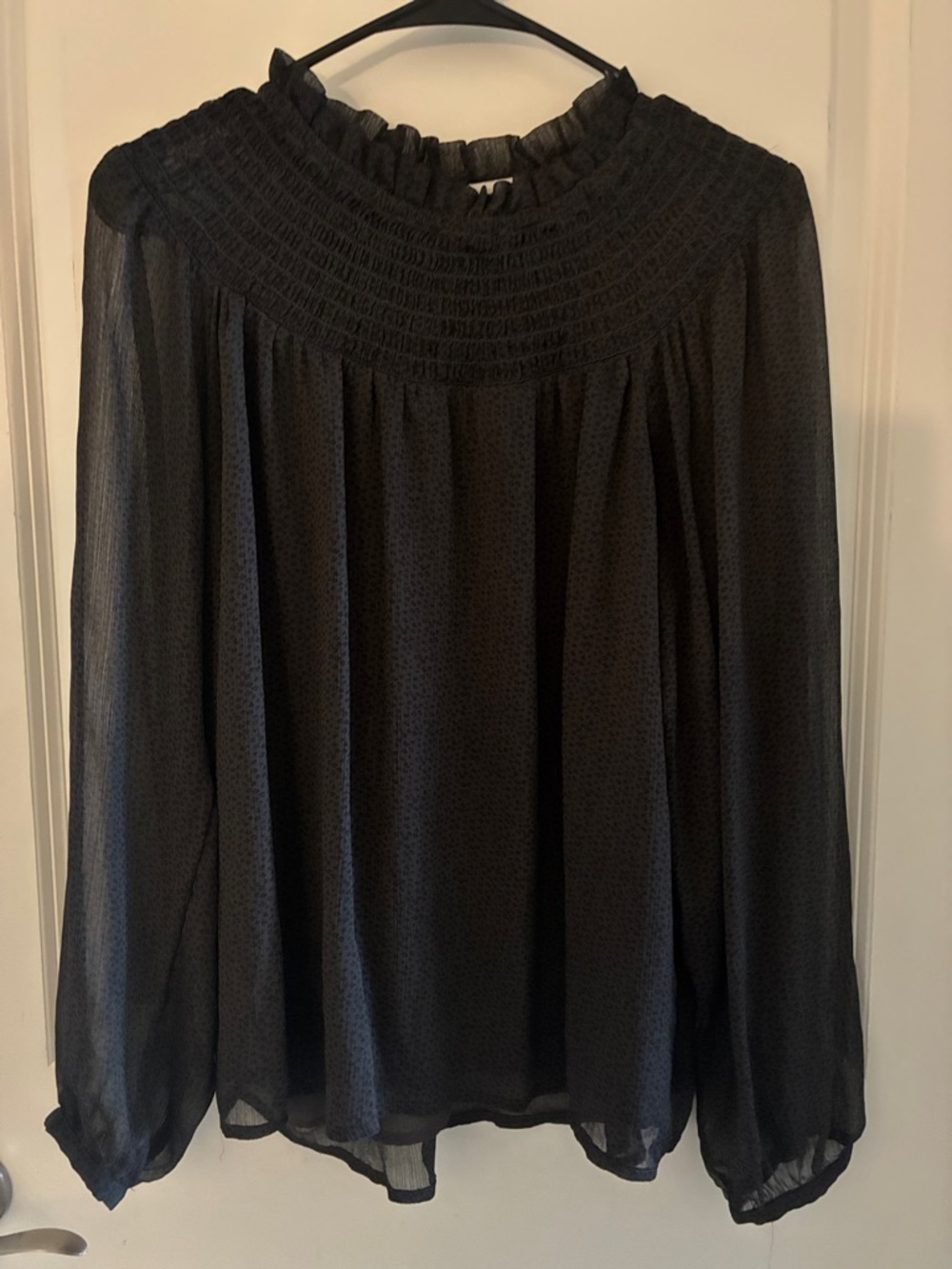 LOFT Black Smocked Yoke Long-Sleeve Blouse